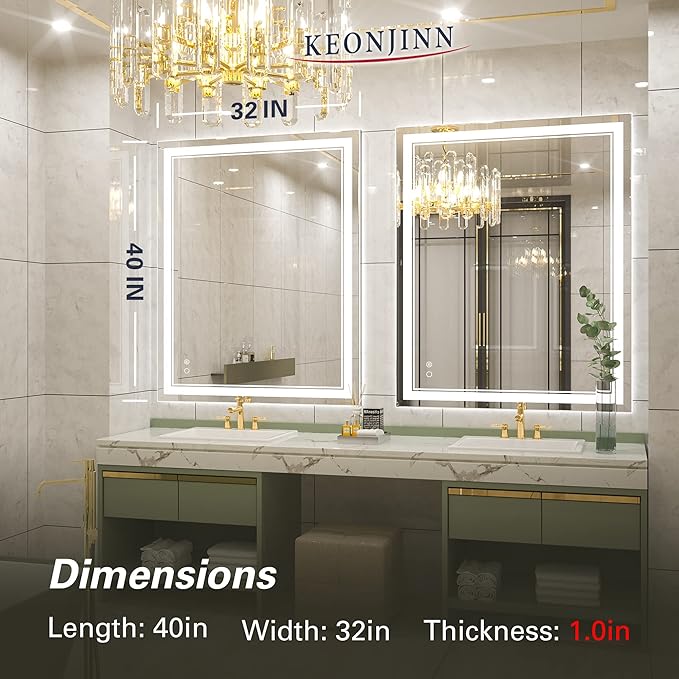 Keonjinn 40 x 32 Inch LED Bathroom Mirror IP54, 6000K(Horizontal/Vertical) 6000K(Horizontal/Vertical)