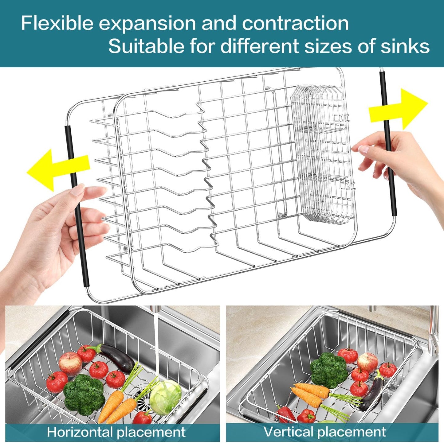 Large Dish Drying Rack in Sink Expandable, Adjustable 304 Stainless Steel Metal Dish Drainer Rack Organizer with Stainless Steel Utensil Holder Over Inside Sink Counter, Rustproof