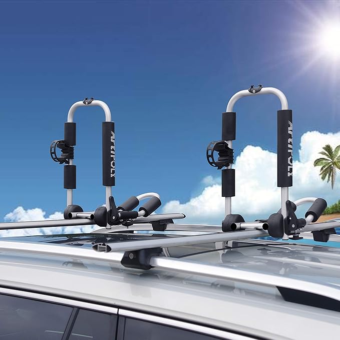 Kayak Roof Rack Carrier Kayak & Canoe Car Racks J-Bar with 3-in-1 Multifunction Paddle Holder for Easy Mount Kayak/Surf/Ski/Canoe/SUP on SUV, Car and Truck Crossbar