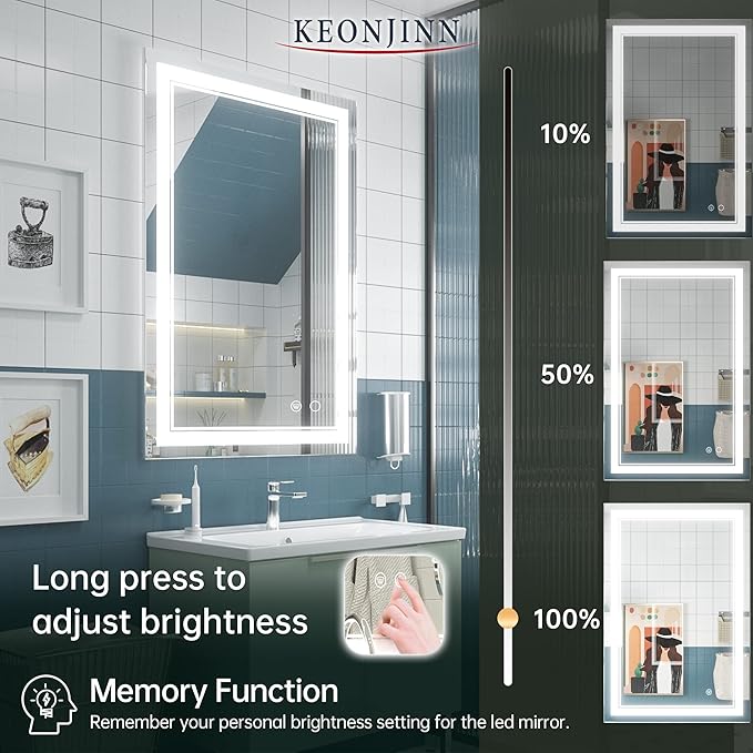 Keonjinn LED Mirror for Bathroom 36 x 24 Inch, IP54 Waterproof, 3 Year