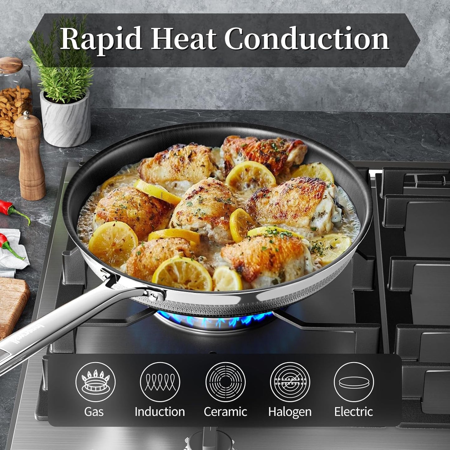 8 Inch Nonstick Titanium Ceramic Frying Pan Tri-Ply Stainless Steel Frying Pan Skillet Kitchen Cooking Pan Compatible with All Cooktops Dishwasher and Oven Safe PFOA Free