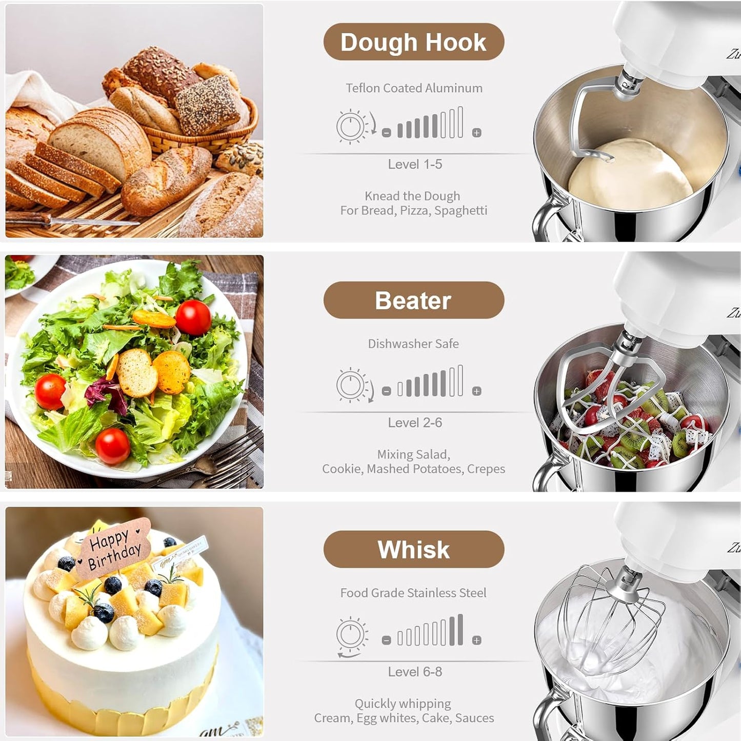 Stand Mixer, Zuccie 4.8QT Kitchen Electric Stand Mixer, 380W Motor Power Food Mixer, 8+P-Speed Dough Mixer with Dough Hook, Wire Whip & Beater, White