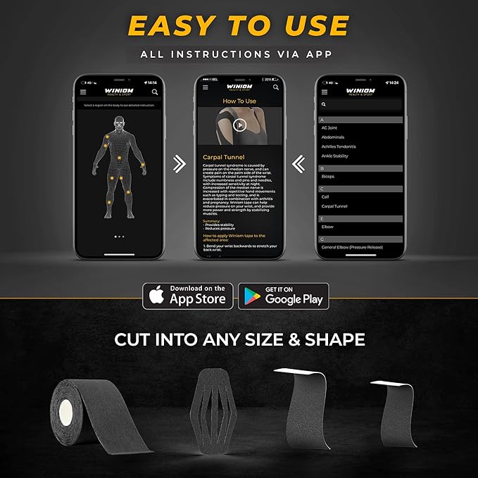 Kinesiology Tape-Incredible Support for Athletic Sports and Recovery + Free Taping Guide-Uncut 2 inch 50 feet Roll (Midnight Black + Free Taping Guide, Pack of 1)