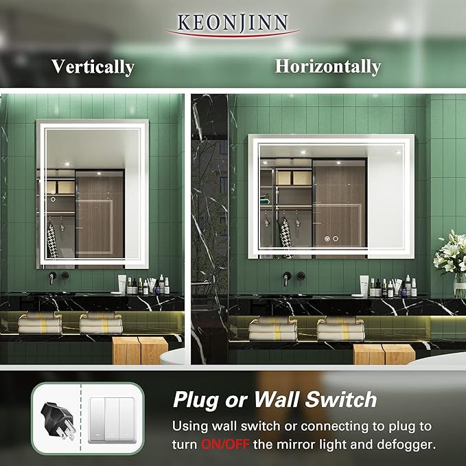 Keonjinn 48 x 36 Inch LED Bathroom Mirror
