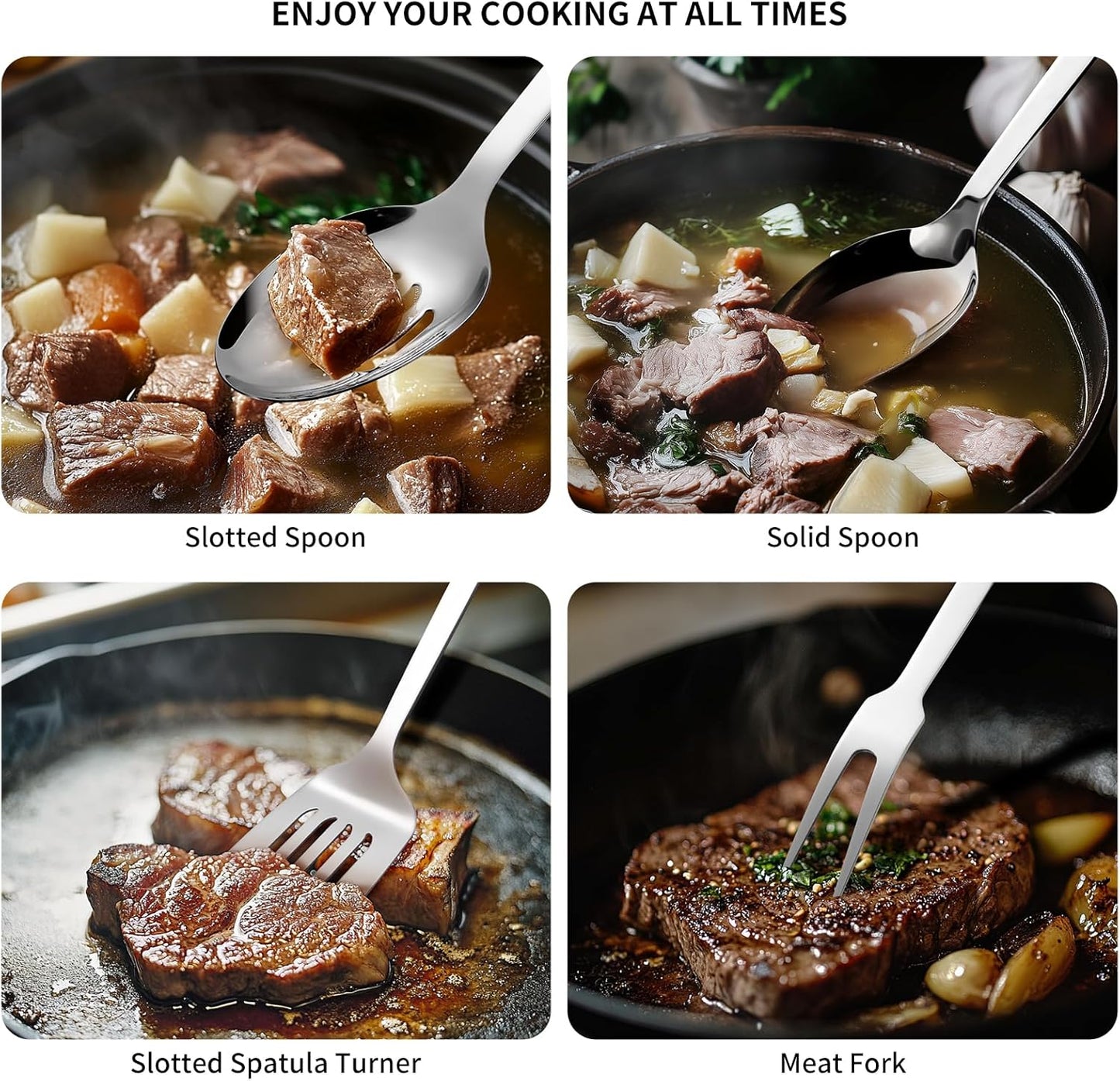 304 Stainless Steel Cooking Utensils Set, 8PCS Kitchen Utensils Set, Include Skimmer, Soup Ladle, Spaghetti Server, Wok Spatula, Slotted Spoon, Solid Spoon, Slotted Spatula Turner & Meat Fork