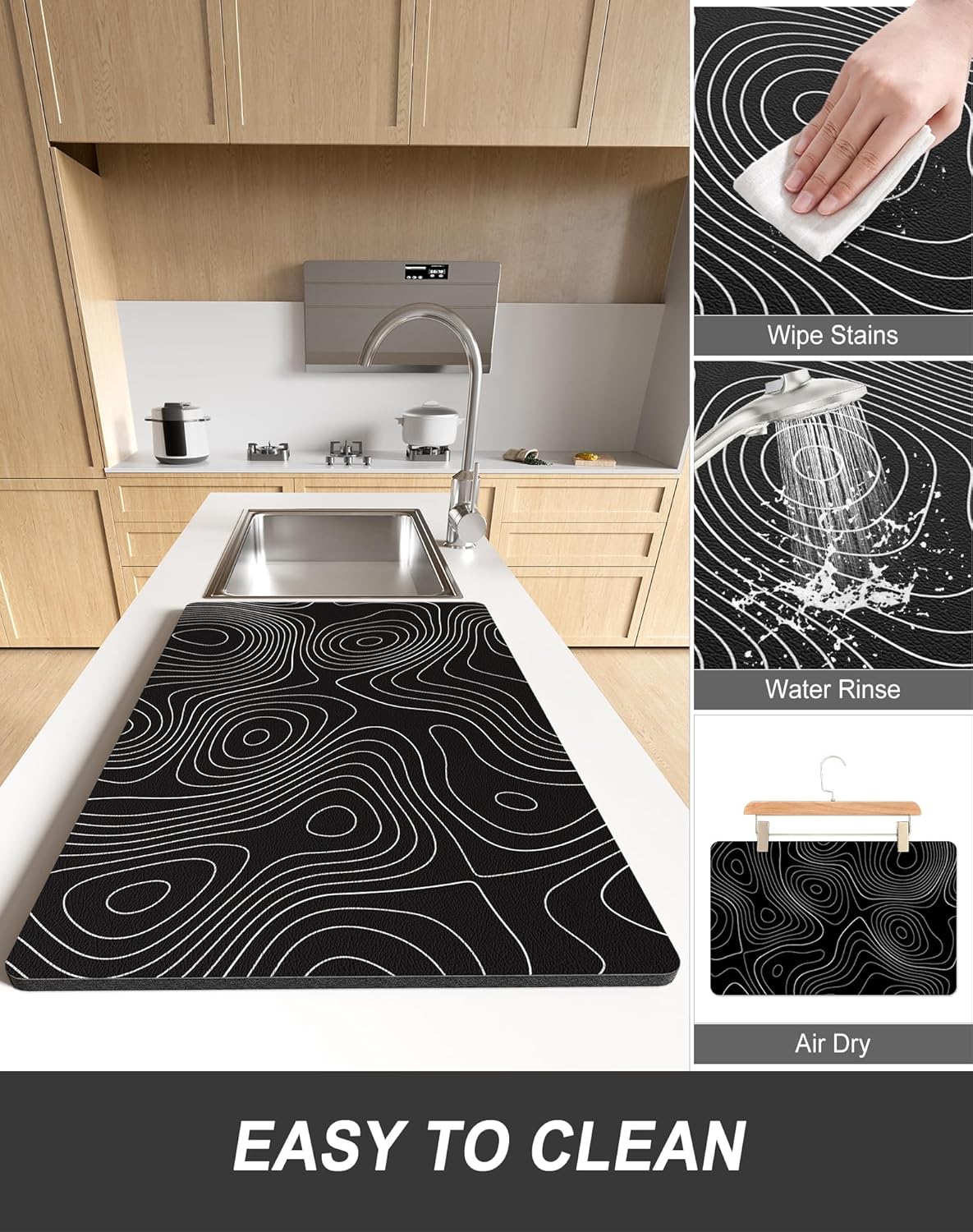 Rnivvi Dish Drying Mat for Kitchen Counter, XL 15 x 24" Cute Marble Super Absorbent Draining Pad, Non-Slip Heat Resistant Coffee Bar Mats for Coffee Machine Station Accessories, Line Art Dish Rack Pad