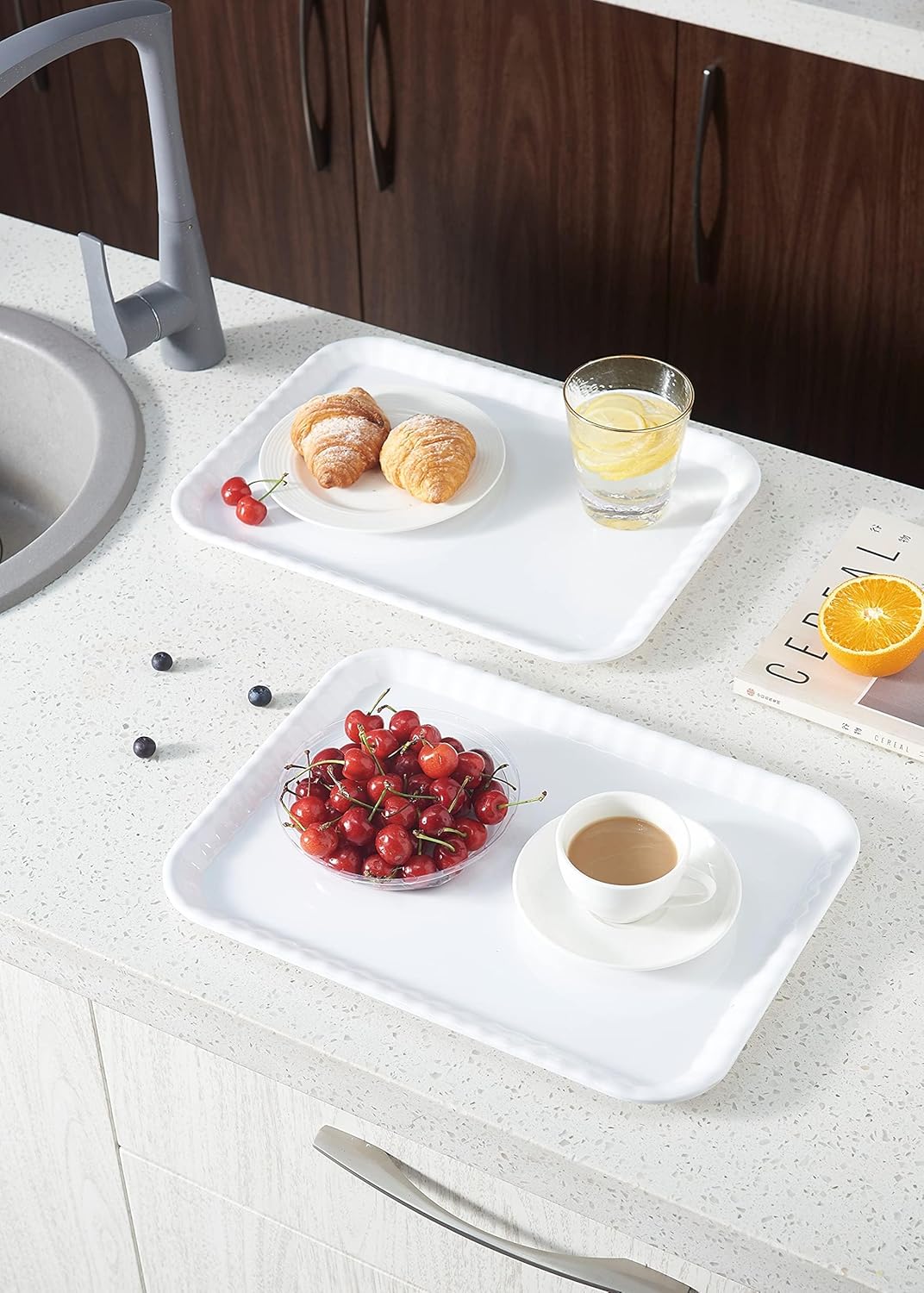 Blue Boat 17" x 12" Rectangular Serving Trays Set of 2 White, Melamine Serving Platter, Light Weight Easy to Clean Sturdy Stackable BPA-Free Dishwasher Safe