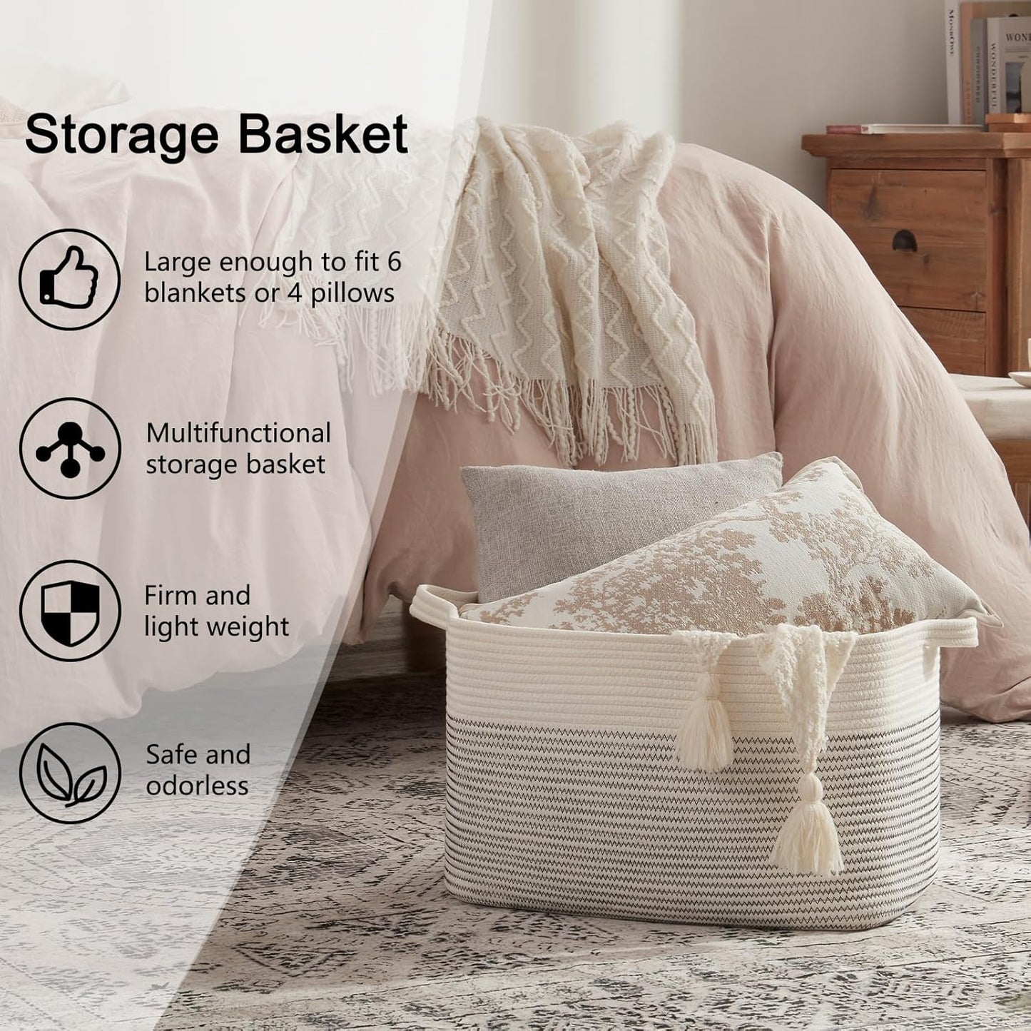 OIAHOMY 65L Blanket Basket, Cotton Rope Woven Blanket storage for Living Room, Rectangle Woven Baskets for Storage, 20''×16''×12'', Black and White
