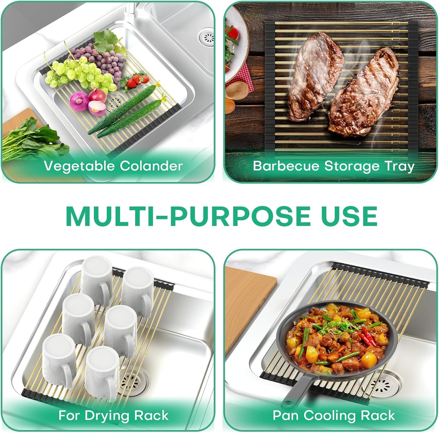 Large Telescopic Draining Rack, Gold Roll Up Heat-Resistant Dish Drainer for Stainless Steel Sinks, Non-Slip Silicone Rolling Dish Drainer Roll Rack 18 tube12.59-21.25x12.79''