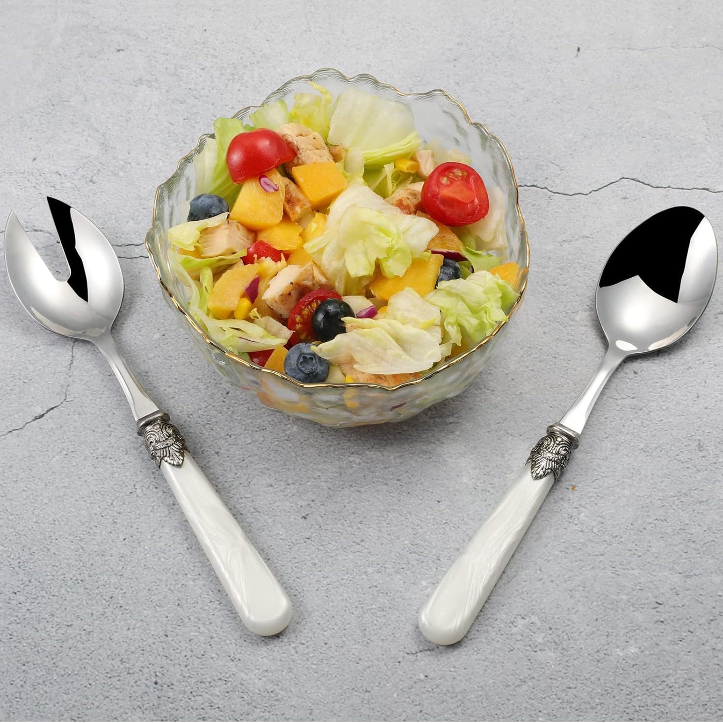 2-piece Salad Servers Stainless Steel Salad Serving Set Salad Fork and Spoon (White)