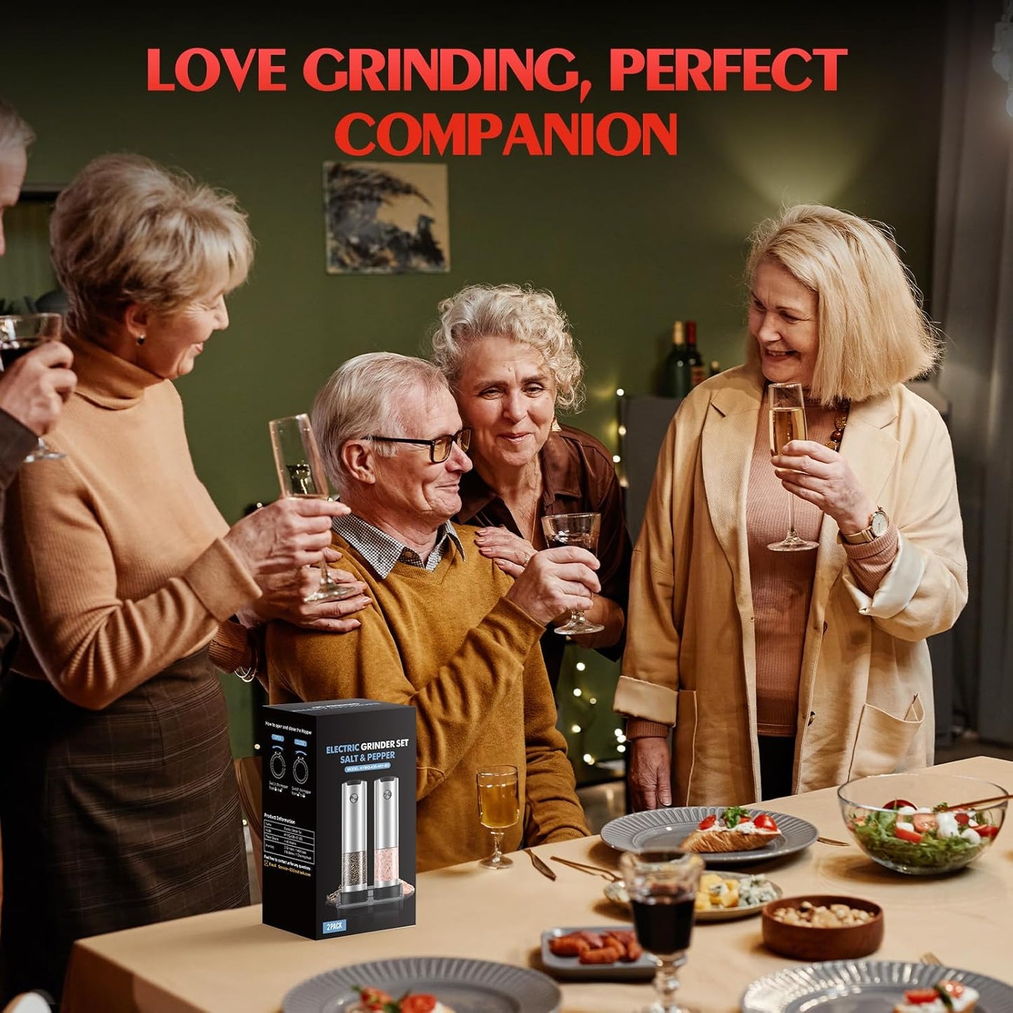 Stainless Steel Electric Salt and Pepper Grinder Set-One-Touch Battery Operated Mill with Adjustable Coarseness & LED Light, Sleek & Durable Grinder for Kitchen New Home Gift Ideas (2 Pack)