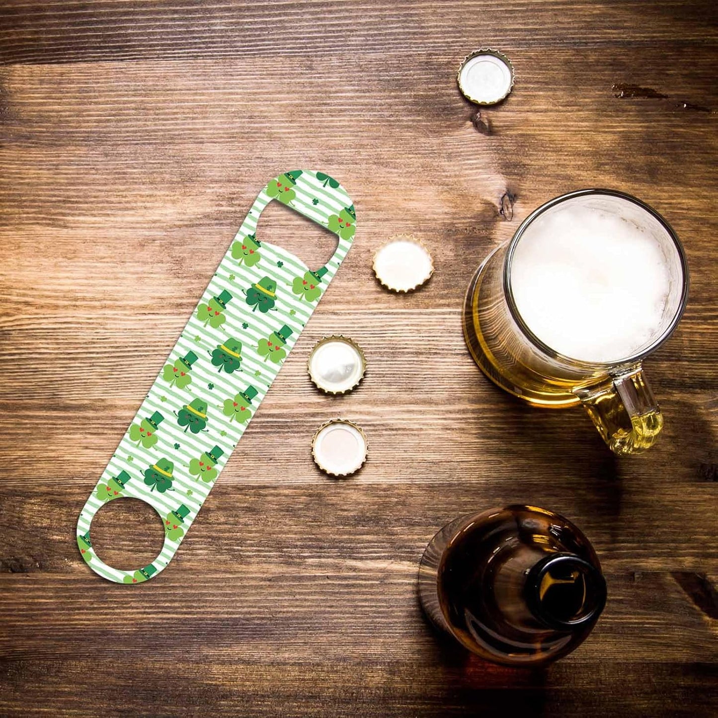Clovers Stainless Steel Bottle Opener Shamrock and Green Leprechaun Hats Saint Patrick's Day Striped Pattern Flat Beer Bottle Opener Keychain for Home Kitchen Bar Restaurant Party Gift