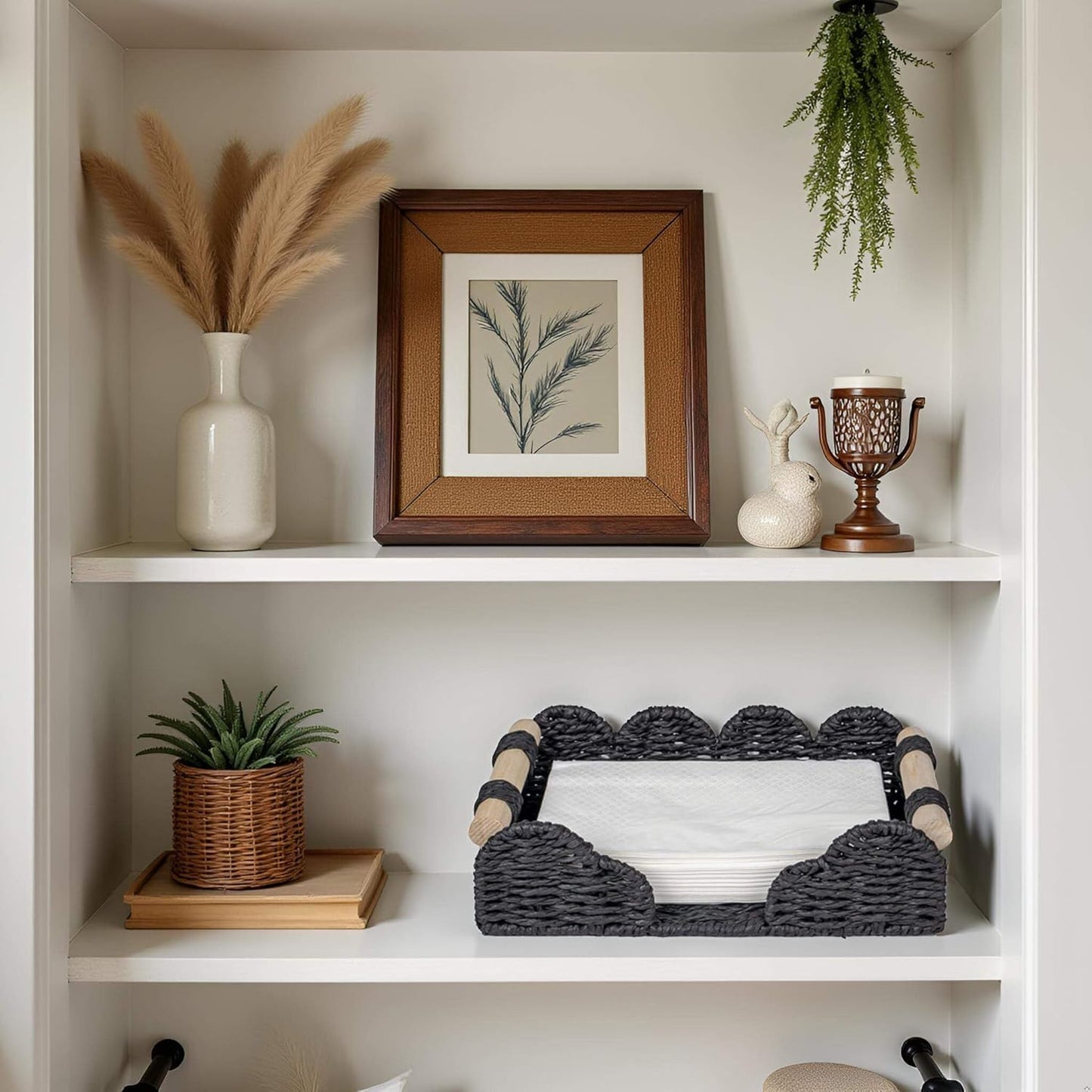 CubesLand Scalloped Napkin Holder for Bathroom Decor, Paper Rope Flat Napkin Dispenser Guest Towel Tray for Bathroom, Farmhouse Warm Napkin Holder for Table Dining Room Home Kitchen Decor, Black