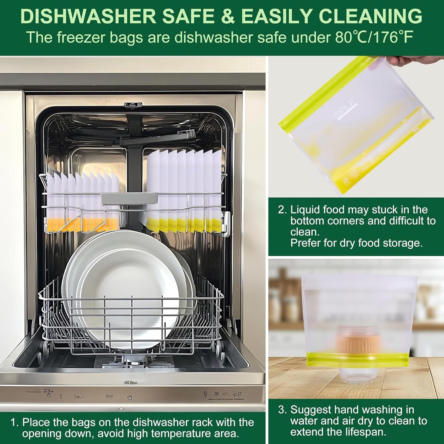 SPLF 8 Pack Stand-Up Reusable Half Gallon Freezer Bags Dishwasher Safe, Extra Thick Leakproof 1/2 Gallon Food Storage Bags, BPA Free Silicone for Meal Prep, Marinate, Veggies, Fridge Organization