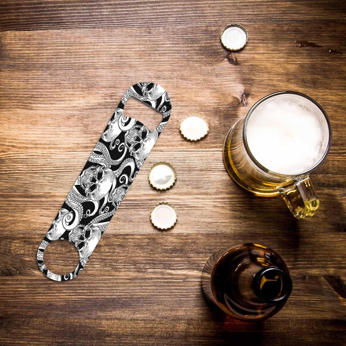 Skull Stainless Steel Bottle Opener Pirate Bone Octopus Tentacle Evil Rock-N-Roll Style Flat Beer Bottle Opener Keychain for Home Kitchen Bar Restaurant Party Birthday Gift