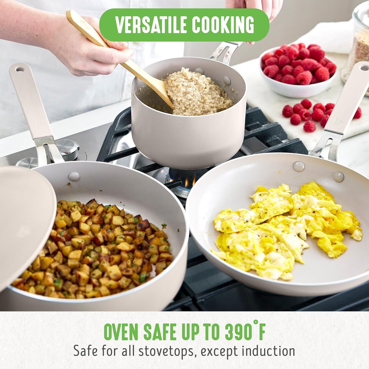 GreenLife 10-Piece Nonstick Ceramic Cookware Set, Lightweight Healthy PFAS-Free Pots & Pans with Lids, Dishwasher & Oven Safe, Durable Body, Silicone Stay-Cool Handles, Easy Release, Taupe