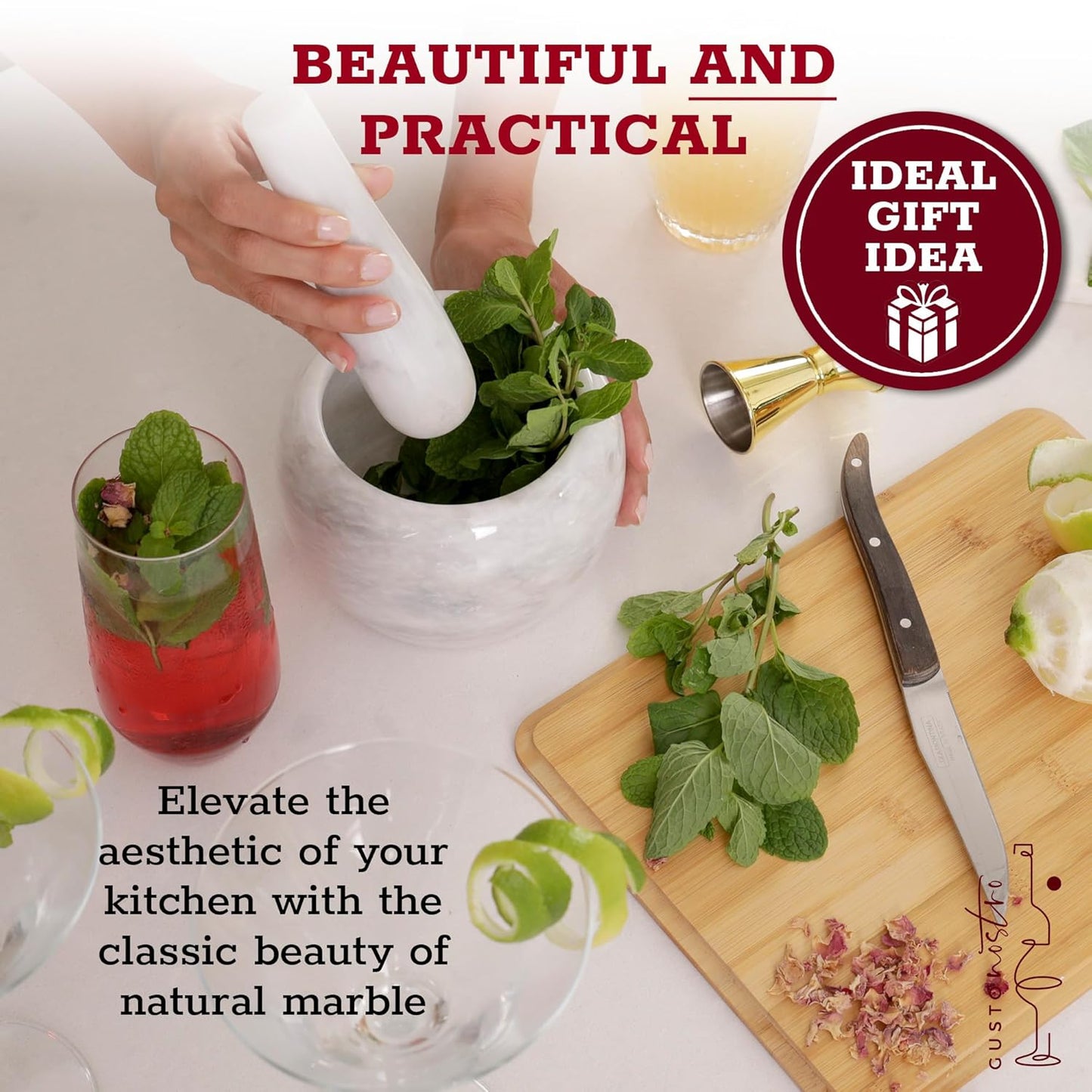 Gusto Nostro Natural Marble Mortar and Pestle Set | 6 Inch - 3.5 Cup Extra Large Mortar Pestle Set for Grinding Herbs, Nuts, Grains | Pesto Grinding and Guacamole Stone Bowl | Marble Spice Crusher