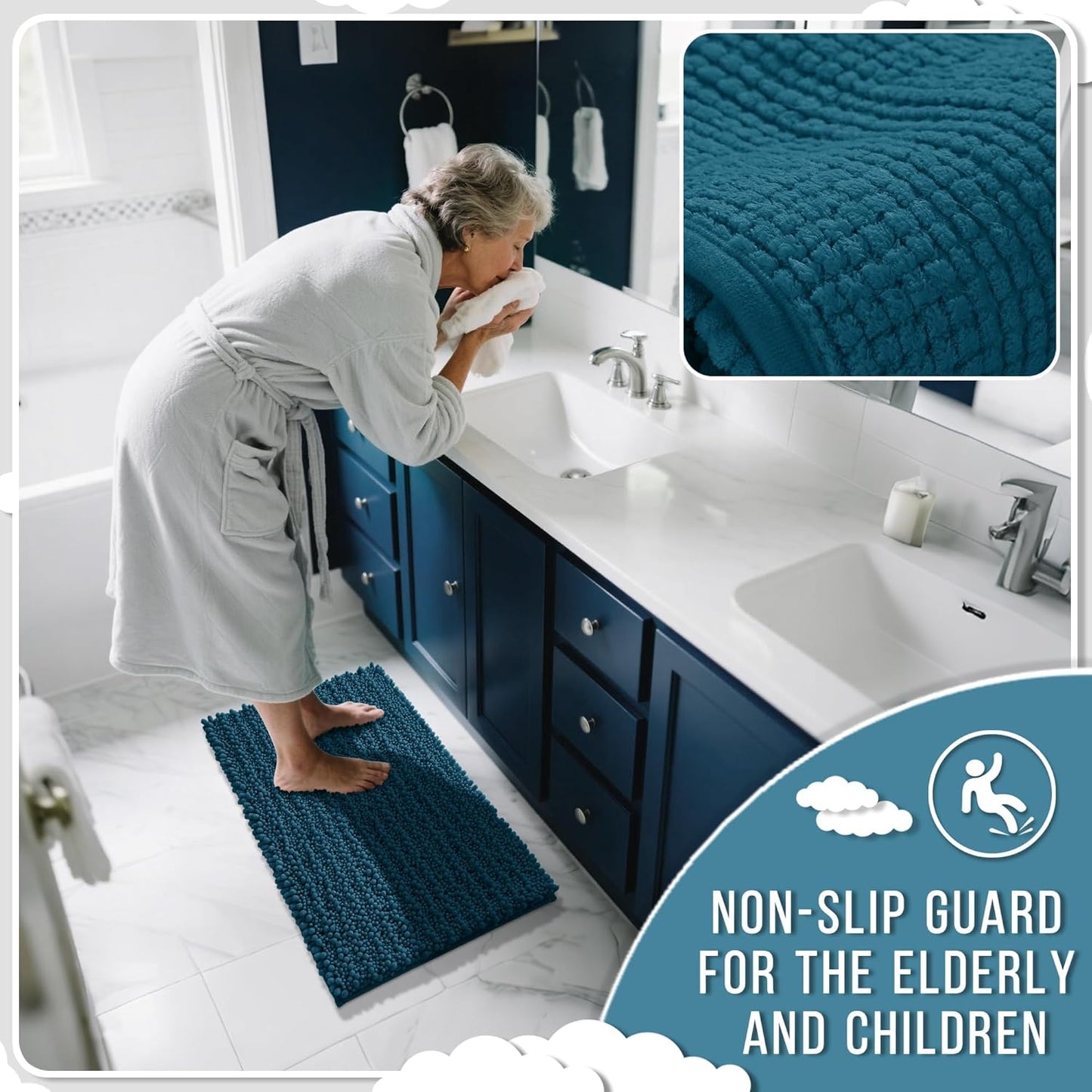 Yimobra Long Bathroom Rugs Non Slip Washable 44x24 Inch - Ultra Soft Absorbent Chenille Bath Mat, Quick Dry Shaggy Floor Carpet for Tub Shower, Peacock Blue Home Decor Accessories