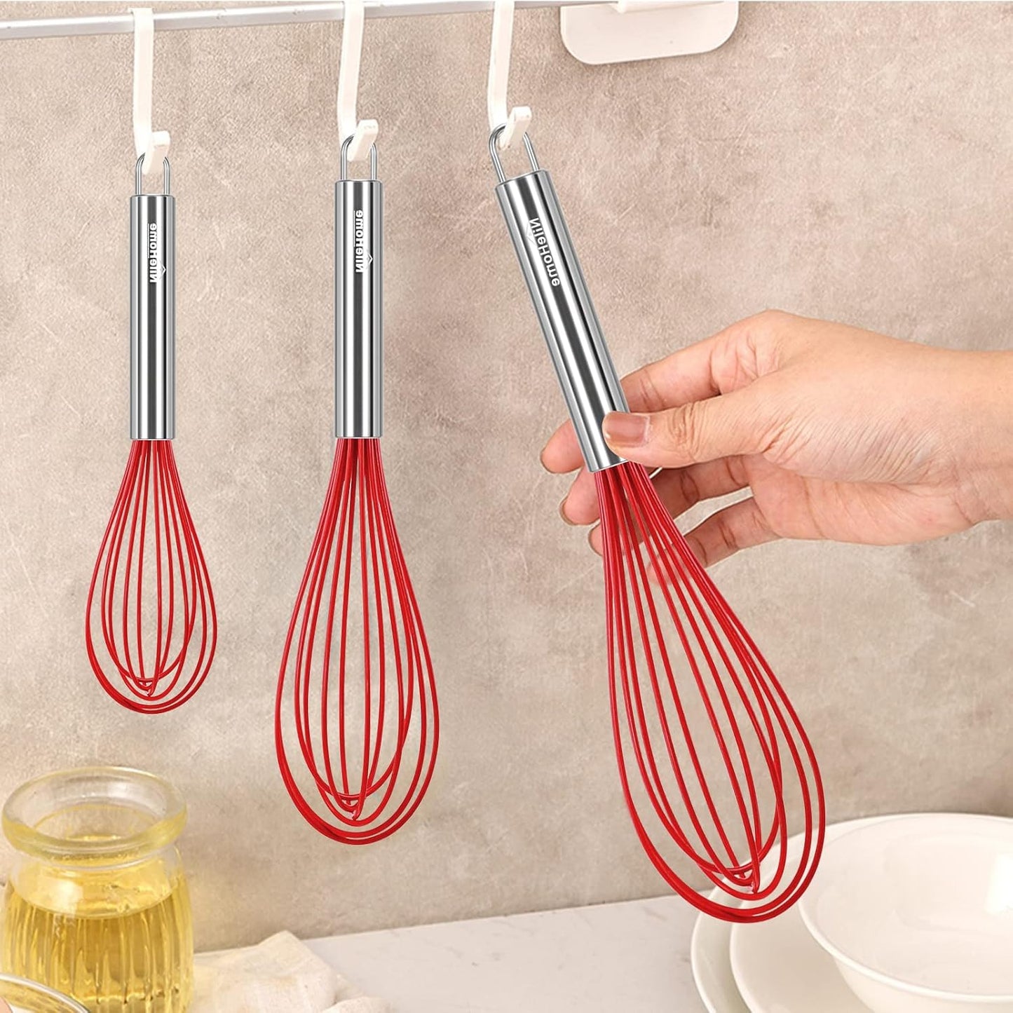 NileHome Whisk Commercial Stainless Steel wisk & Silicone Non-Stick Coated Small Whisk Set 8" 10" 12" Kitchen Wisk Wire Whisks for Cooking 3 Pack, Red