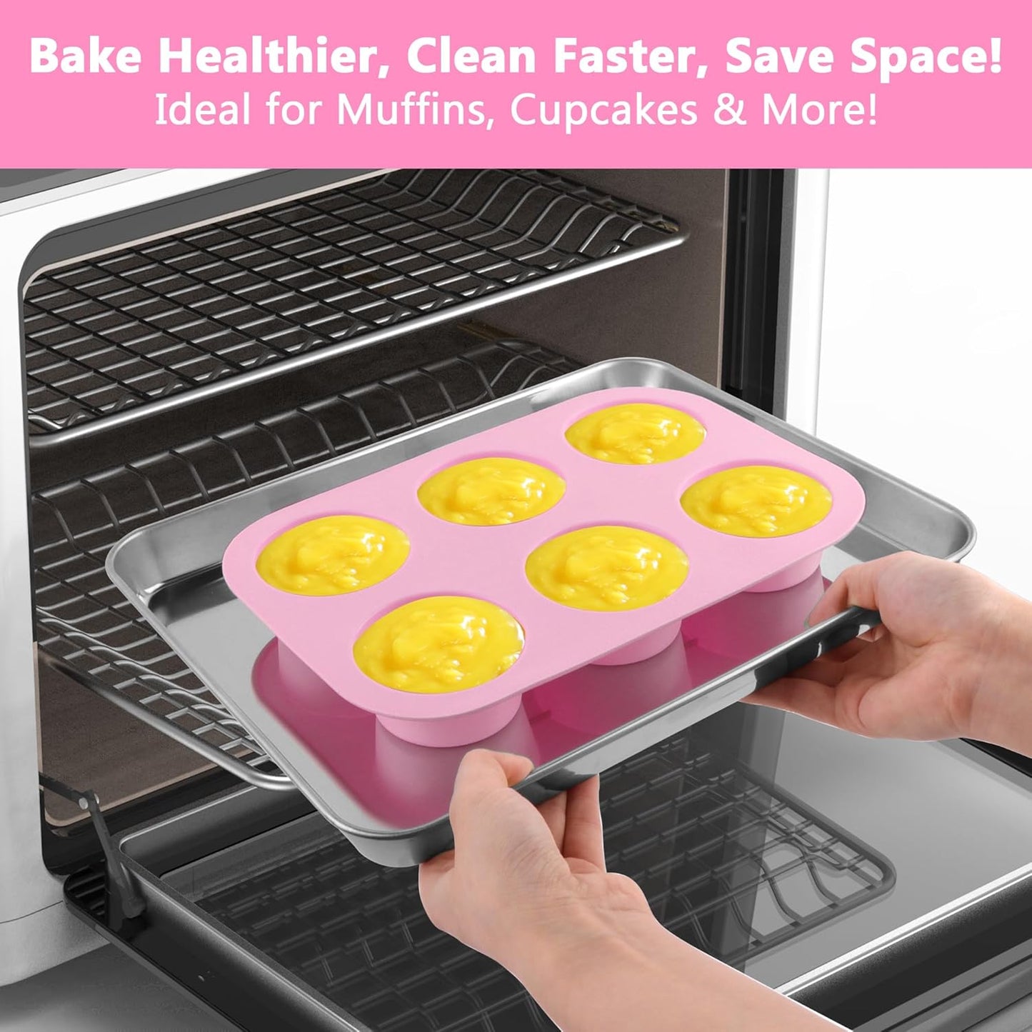 3-Pack 6-Cup Silicone Muffin Pans, Nonstick Cupcake Baking Molds, BPA/PFA-Free, Dishwasher & Oven Safe - Pink