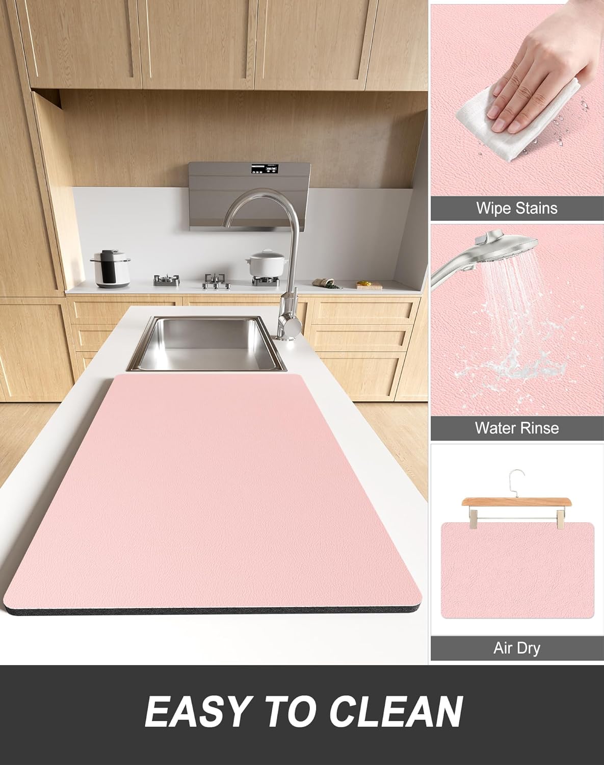 Rnivvi Dish Drying Mat for Kitchen Counter, XL 15 x 24" Super Absorbent Drainer Pad Easy Clean Dish Rack Pad, Non-Slip Heat Resistant Coffee Bar Mat for Coffee Machine Station Accessories Decor, Pink