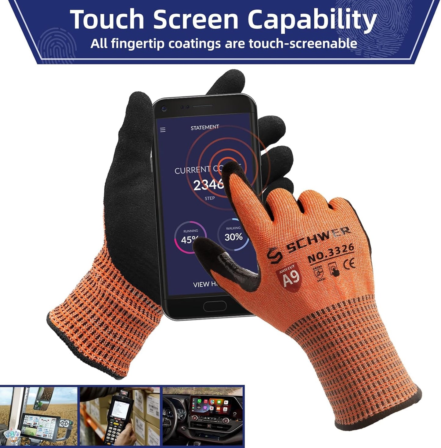 Schwer ProGuard Highest Level Cut Resistant Work Gloves PR3326 for Extreme Protection, ANSI A9 Cut Gloves with Reinforced Thumb, Non Slip, Breathable, Cooling, Durable, Touch-screen, Orange 2 Pairs(S)