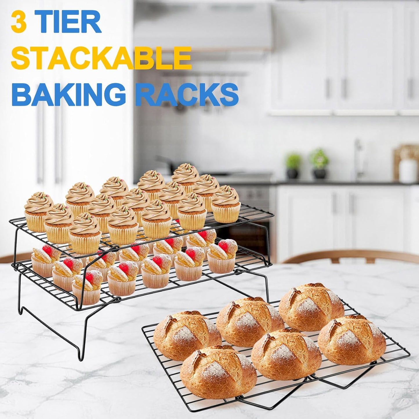P&P CHEF 3-Tier Cooling Rack Set, Stackable Stainless Steel Baking Cooling Roasting Cooking Racks for Cake, Pastry, Bread, Meat, Bacon, Collapsible & Thick Wire, Oven Safe, 15" x10", Black