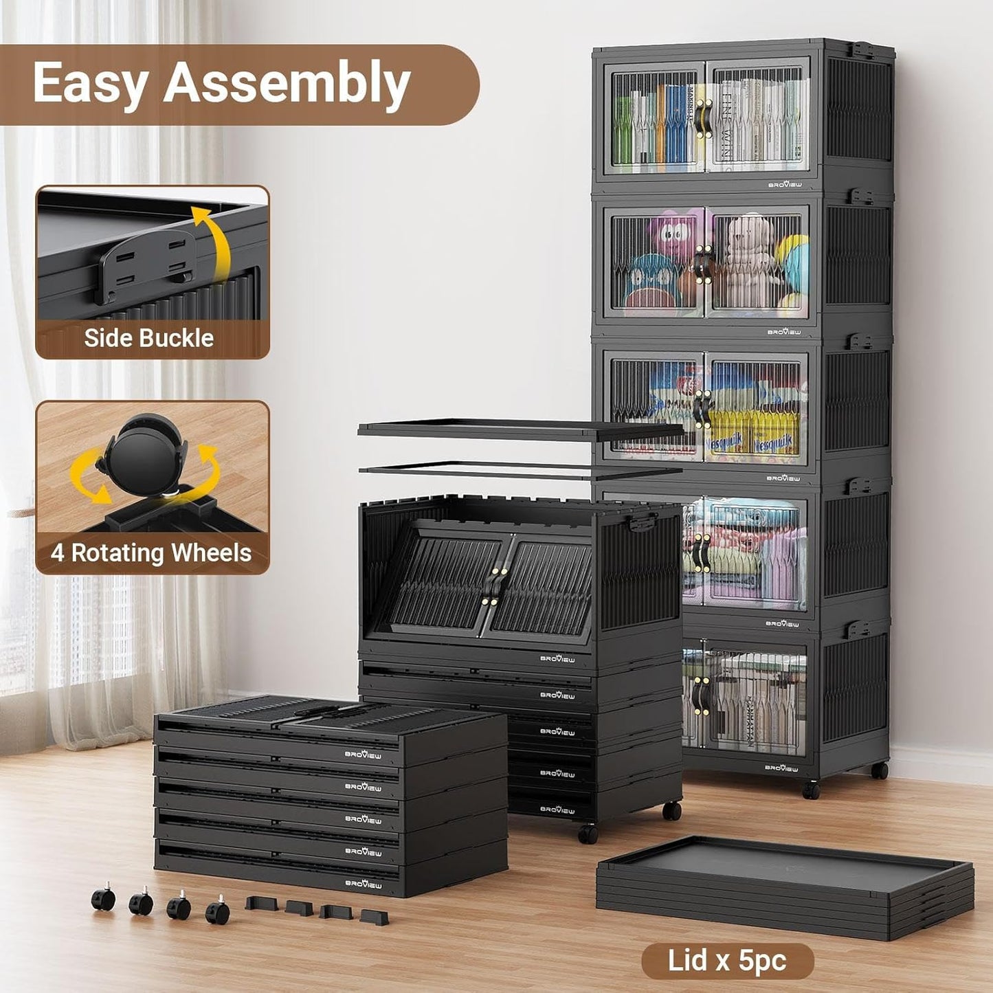 300Qt Stackable Storage Bins with Lid, Extra Large Closet Organizer Collapsible Drawer Boxes with Wheels, Folding Plastic Cabinet Containers for Home Kitchen Room Organization, 3Pack Black