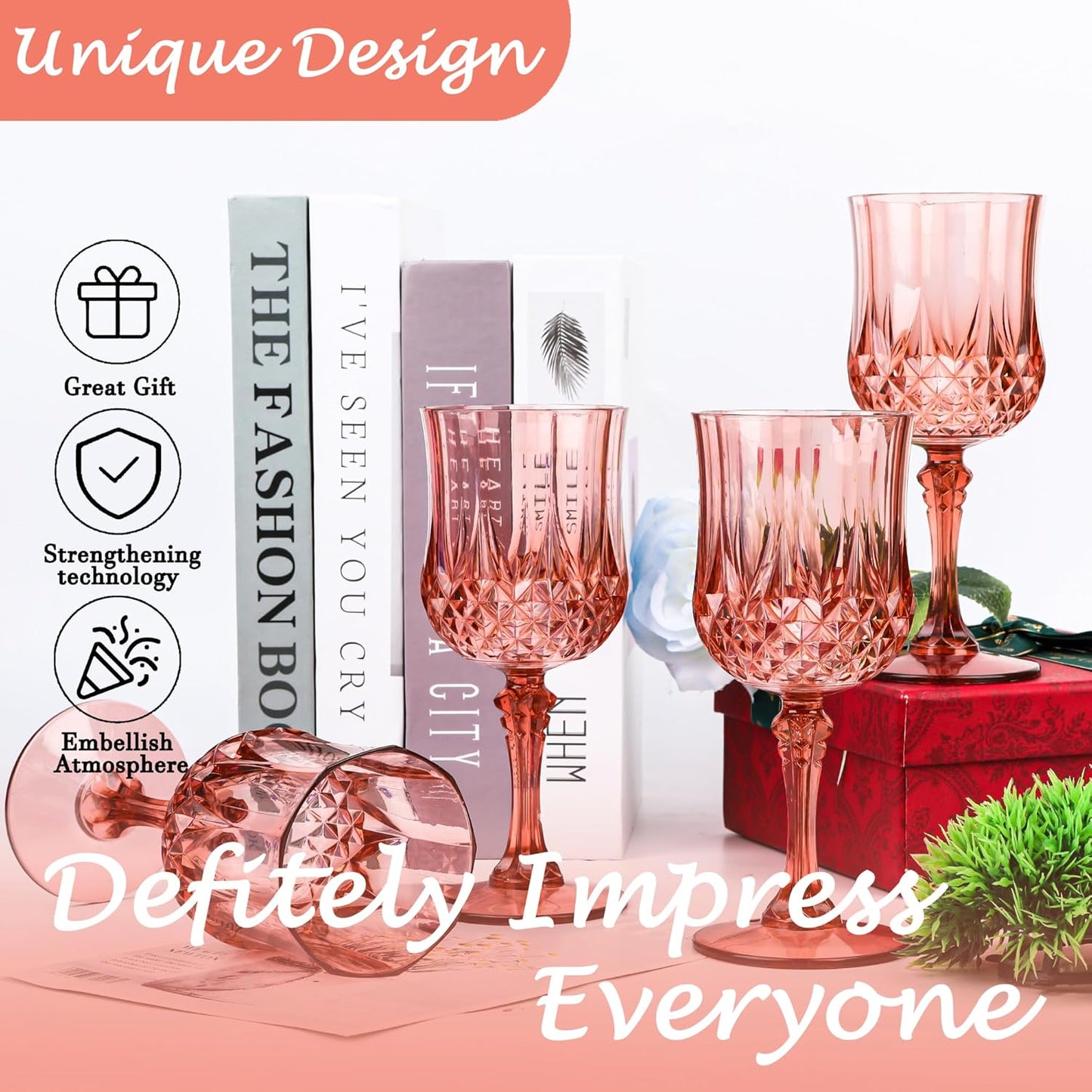 Plastic Wine Glasses,Plastic Goblets Vintage Style Cordial Drinking Glasses for Wedding Reception, Grand Event Party Supplies (48, Rose Gold)