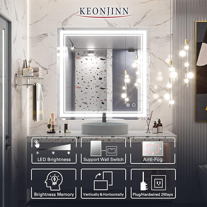Keonjinn 36 x 36 Inch LED Bathroom Mirror