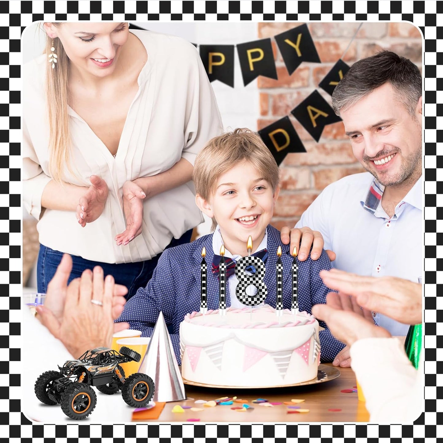 13 Pcs Racing Cars Themed Birthday Candles Black and White Race Number 8 Checkered Candle Cake Topper for Racing Car Party Decoration Supplies (Number 8)