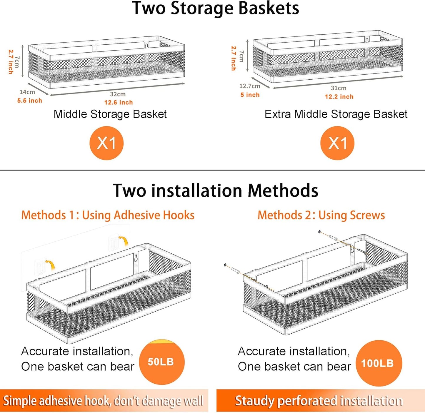 PUSDON Metal Wall Hanging Basket 2 Packs DIY Suitable for Multiple Scenes - Middle Silver Grey Netting Set