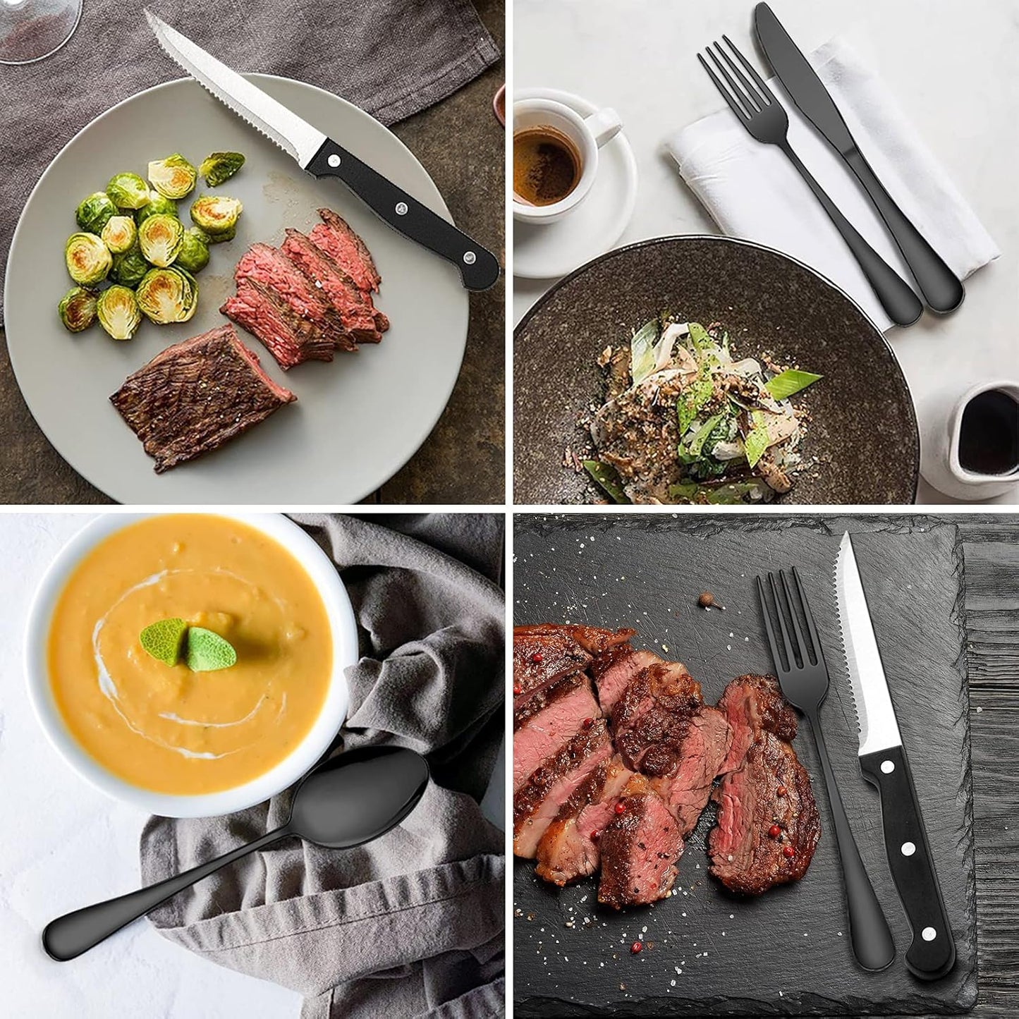 Wildone 24-Piece Black Flatware Set with Steak Knives, Stainless Steel Silverware Cutlery Set Service for 4, Tableware Eating Utensils Include Knives/Forks/Spoons, Mirror Polished, Dishwasher Safe