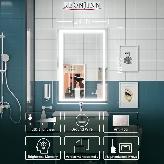 Keonjinn LED Mirror for Bathroom 36 x 24 Inch, IP54 Waterproof, 3 Year