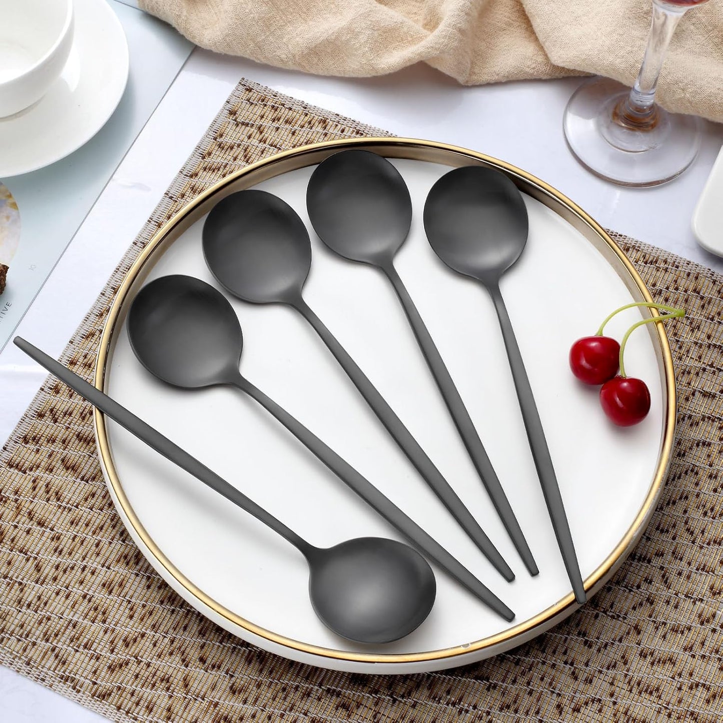 Pleafind 36-Pcs Matte Black Dinner Spoons, 8.3 inch Round Head Spoons, Stainless Steel, Dishwasher Safe