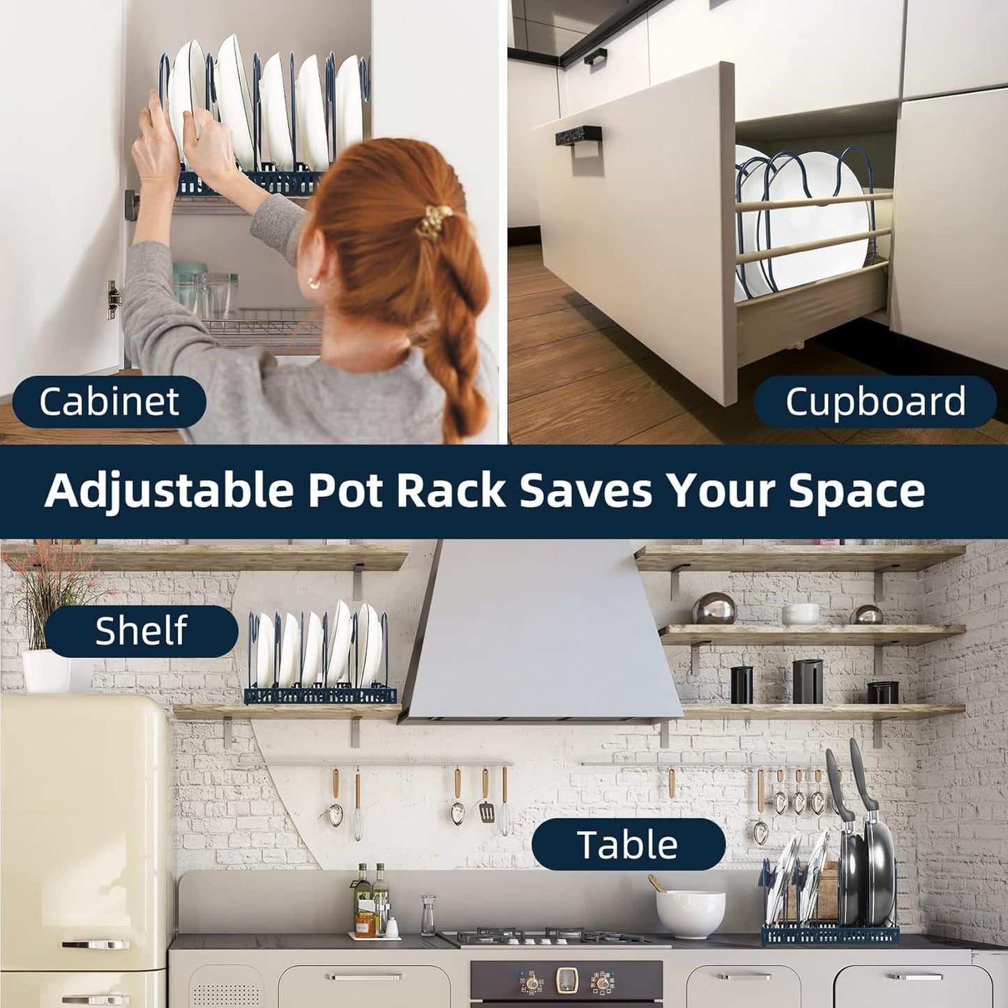 ROOHUA Expandable Pot and Pan Organizer - Cabinet Pot Lid Holder with 10 Adjustable Compartments for Cookware, Baking, Frying (Dark Blue, 10)