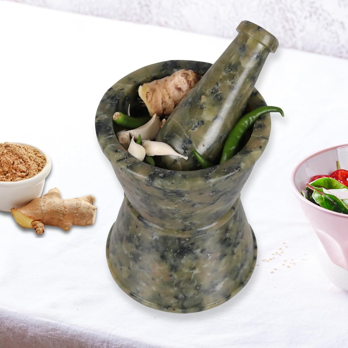 Mortar and Pestle, Made of Heavy Duty Polished Hard Stone, Natural Stone Grinder for Spices, Pastes, Herbs, Seasoning etc. (Drum Shape)