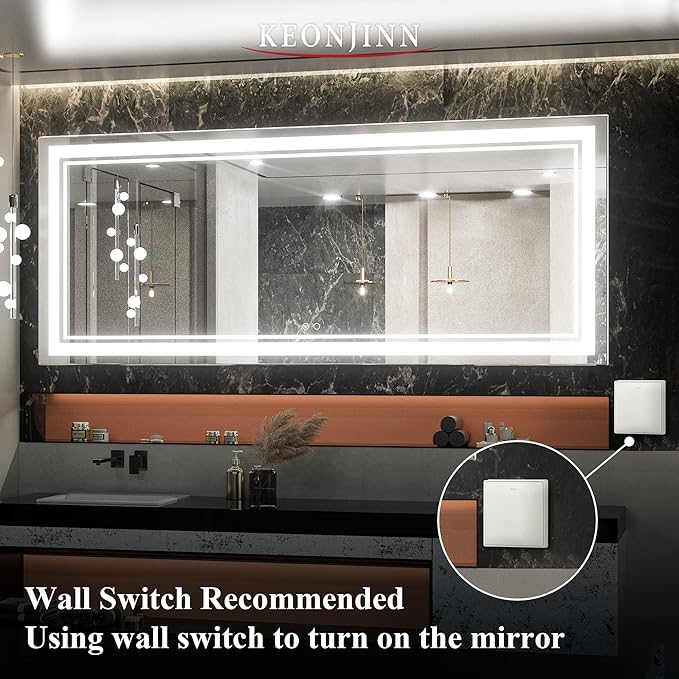 Keonjinn 72 x 30 Inch LED Bathroom Mirror 6000K (Vertical/Horizontal)
