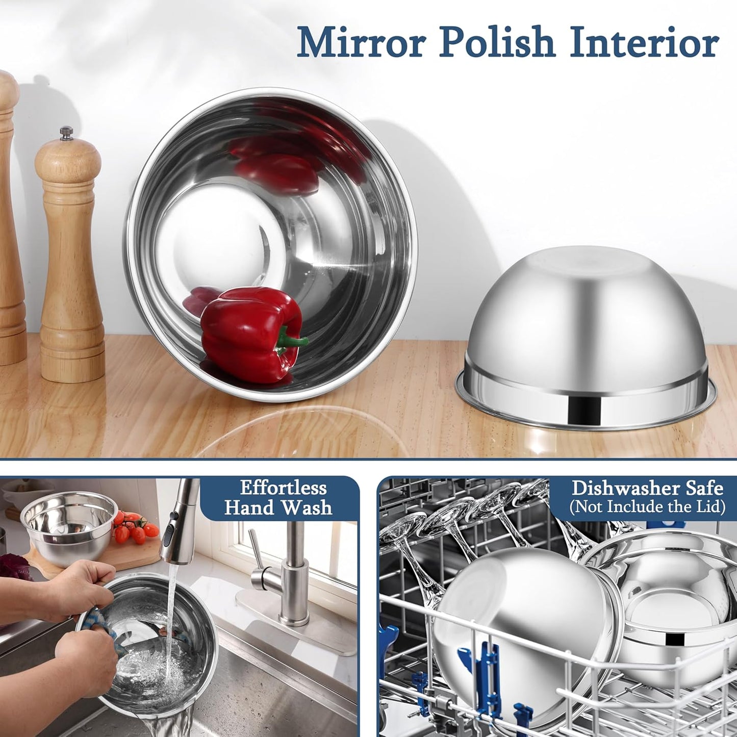 LIANYU Mixing Bowls Set with Airtight Lids, Stainless Steel Large Metal Kitchen Bowls Set of 3, Dishwasher & Freezer Safe, 1.5QT & 3QT & 4.6QT, Blue