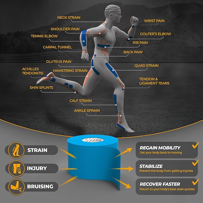Kinesiology Tape-Incredible Support for Athletic Sports and Recovery+Free Taping Guide-Uncut 2 inch 16.4 feet Roll (Electric Blue, Pack of 2)