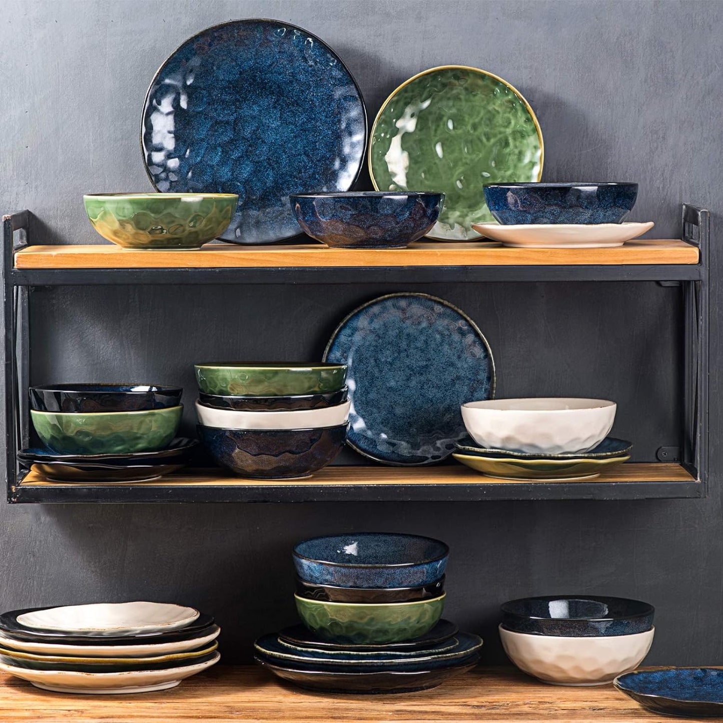 vicrays Ceramic Pasta Bowls Set, 32 Ounce Soup Bowls, Large Salad Bowls, Chip Resistant, Dishwasher Microwave Safe, Fluted stoneware Bowls for Kitchen, Serving Bowls, Set of 6 (Green)