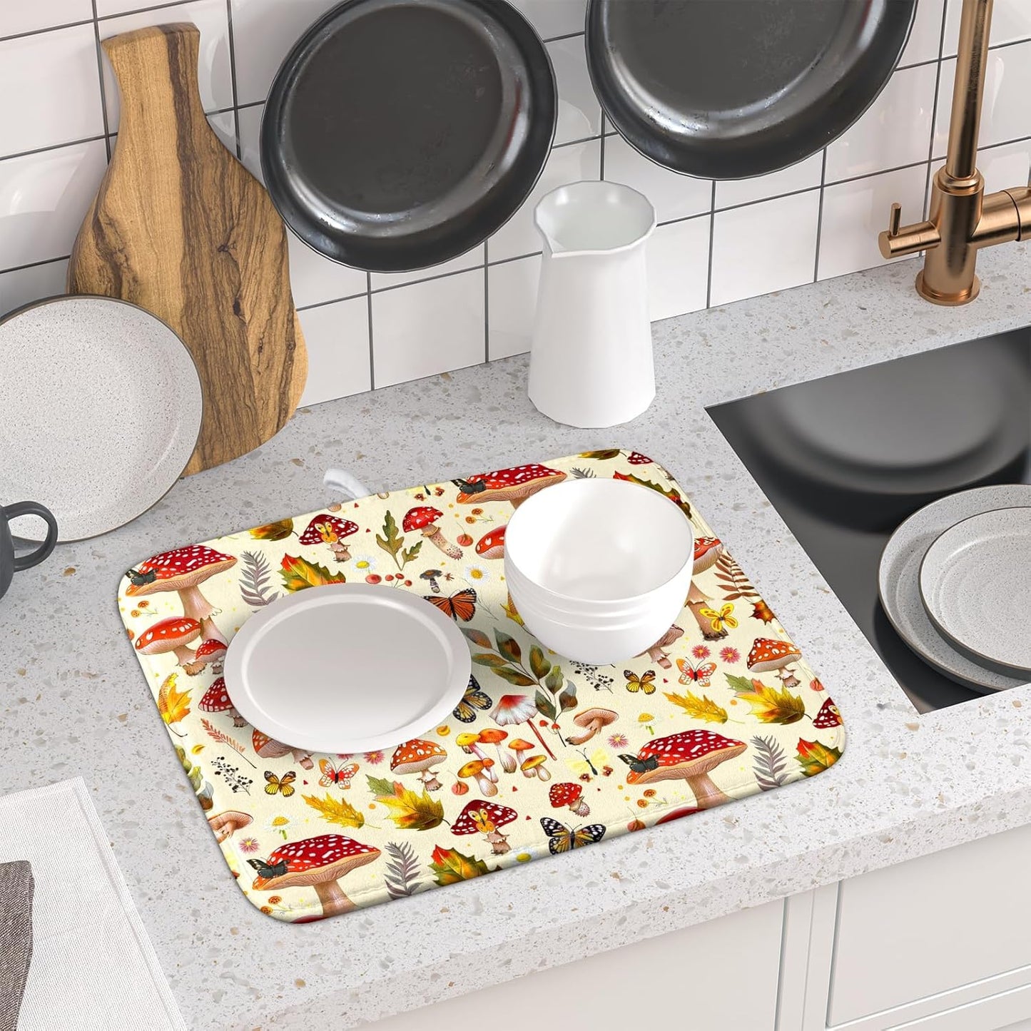 Forest Mushroom Dish Drying Mats Wild Plant Butterfly Kitchen Sink Rack Mats 16 X 18 Inch