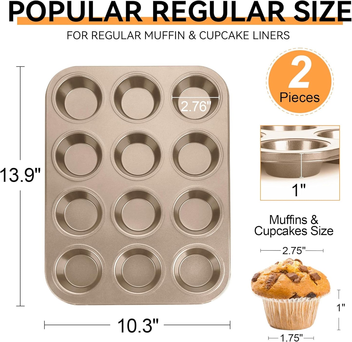 Cupcake Pan 2 Pack, Rustproof 12-Well Nonstick Muffin Pan for Baking