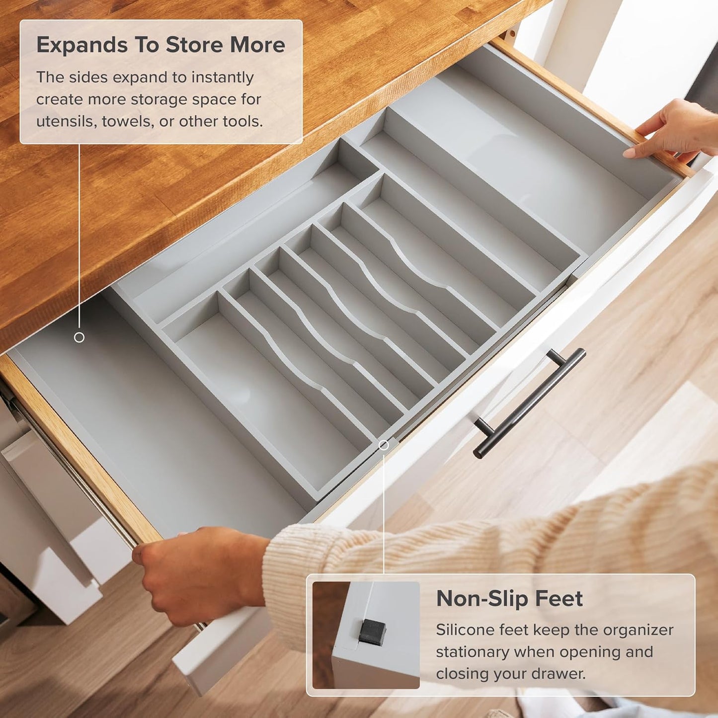 Premium Silverware, Flatware and Utensil Organizer for Kitchen Drawers, Food-Safe Contract Grade, Expandable from 18 to 33 In, Gray Bamboo