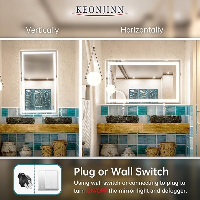 Keonjinn 48 x 28 Inch LED Bathroom Mirror IP54, Tempered