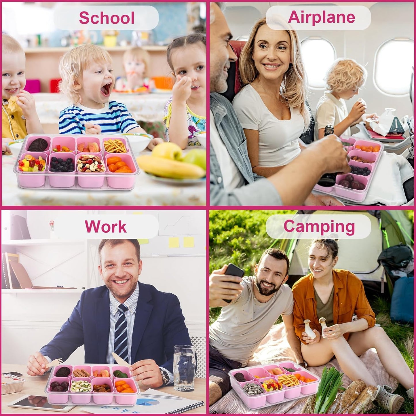 shopwithgreen Snackle Box Charcuterie Container, Divided Serving Tray with Lid and Handle for Party, Veggies, Fruits, Nuts, Food Tray Platter Snack Box Container for Entertaining, Picnic, Pink, 2pcs