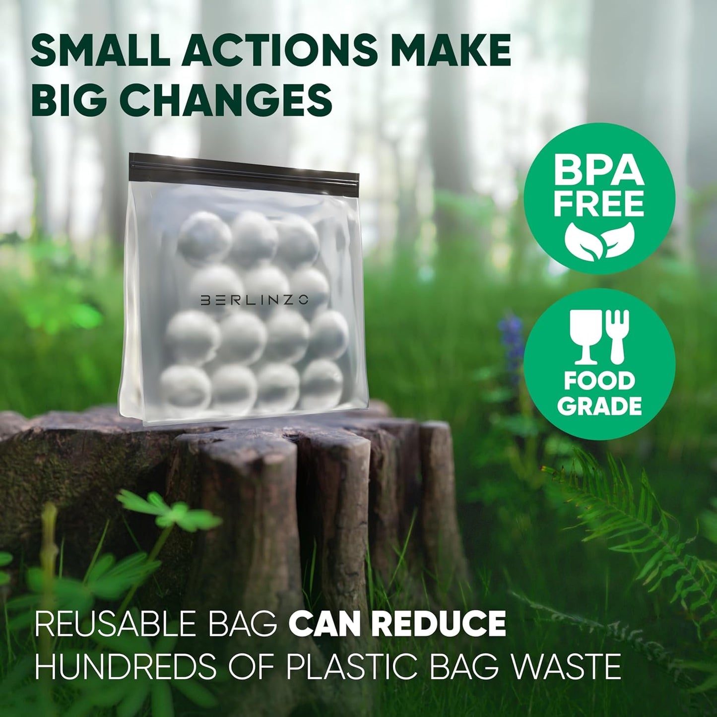 BERLINZO Large Reusable Ice Storage Bag - Freezer Safe Leak Proof Silicone and Plastic-Free Lunch Bag for Ice and Food Storage - BPA-Free XL Size