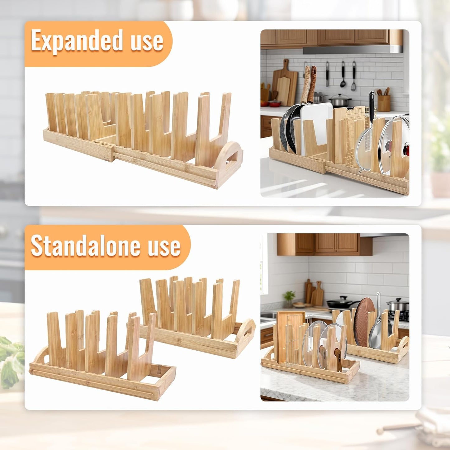 Pots and Pans Organizer Rack for Cabinet, Bamboo Expandable Pot Lid Organizer Holder with 10 Adjustable Compartment, Kitchen Cabinet Organizer for Lids & Bakeware - Pantry & Countertop Storage Rack