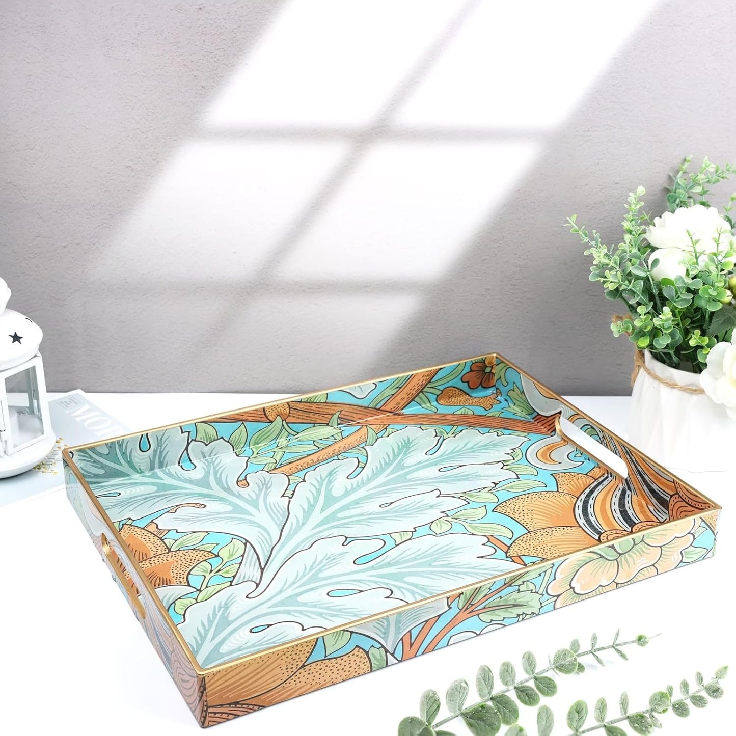 Spsyrine Serving Tray with Handles, Plastic Decorative Tray for Coffee Table, Living Room, Home Decor, Sunflower