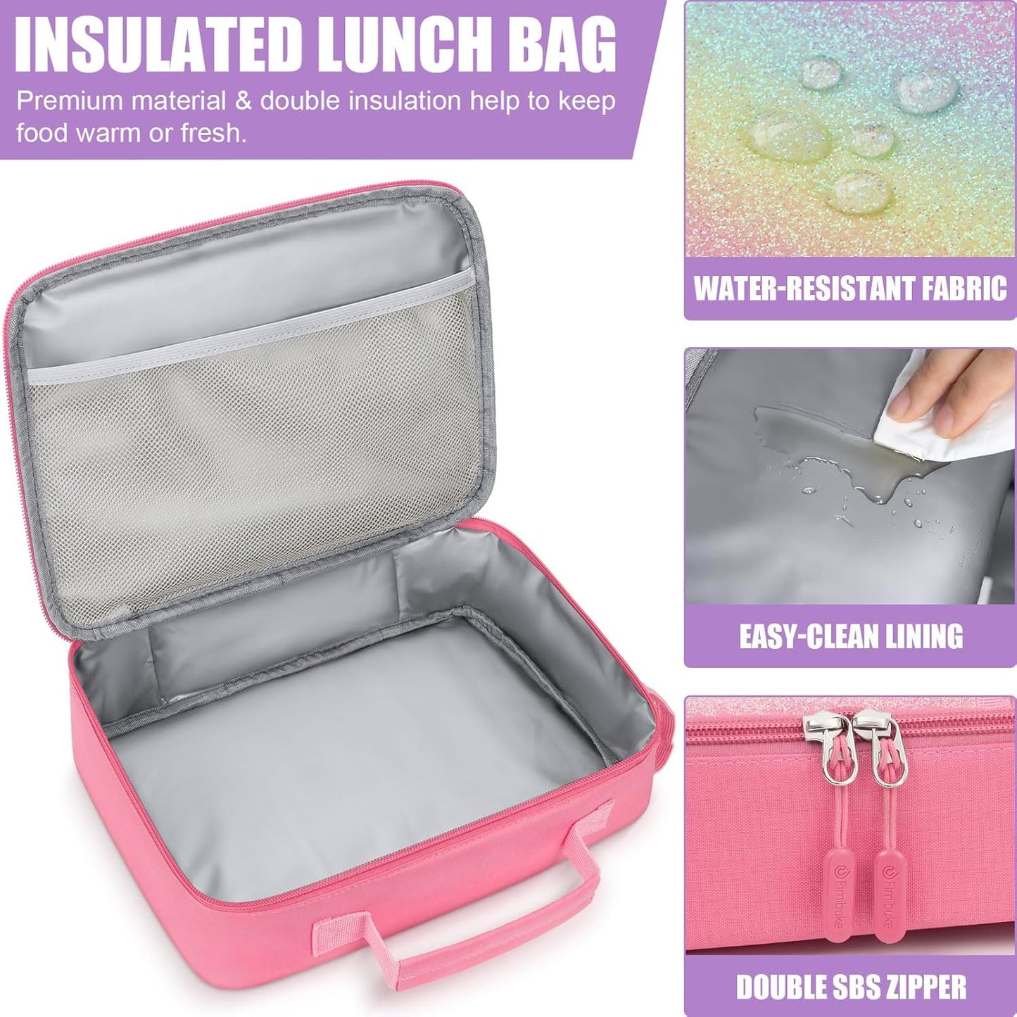 Fimibuke Kids Bento Lunch Box with 4 Compartments, Insulated lunch Bag, Stainless Steel Insulated Water Bottle, Ice Pack & Utensils Set, Birthday Gifts for Ages 3-12 Back to School Toddler Girls Boys